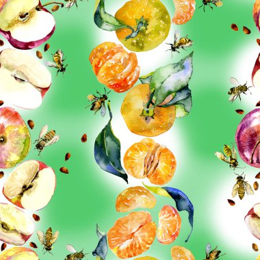 Bahçe, rustik, lezzetli elma. Olgun, Güney, portakal mandalina. Tatlım, vahşi arılar. suluboya. İllüstrasyon