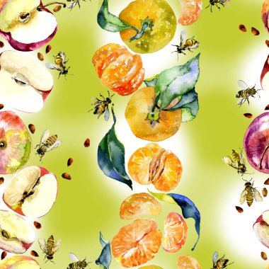 Bahçe, rustik, lezzetli elma. Olgun, Güney, portakal mandalina. Tatlım, vahşi arılar. suluboya. İllüstrasyon