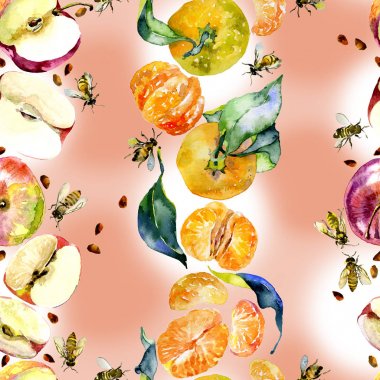 Bahçe, rustik, lezzetli elma. Olgun, Güney, portakal mandalina. Tatlım, vahşi arılar. suluboya. İllüstrasyon