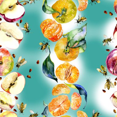 Bahçe, rustik, lezzetli elma. Olgun, Güney, portakal mandalina. Tatlım, vahşi arılar. suluboya. İllüstrasyon