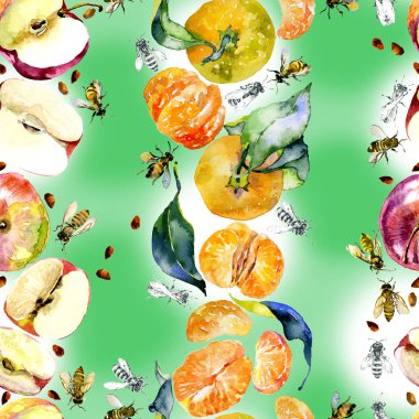 Bahçe, rustik, lezzetli elma. Olgun, Güney, portakal mandalina. Tatlım, vahşi arılar. suluboya. İllüstrasyon