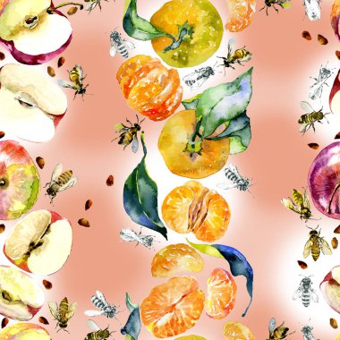 Bahçe, rustik, lezzetli elma. Olgun, Güney, portakal mandalina. Tatlım, vahşi arılar. suluboya. İllüstrasyon