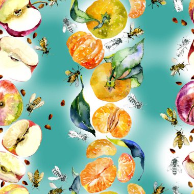 Bahçe, rustik, lezzetli elma. Olgun, Güney, portakal mandalina. Tatlım, vahşi arılar. suluboya. İllüstrasyon