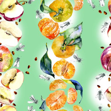 Bahçe, rustik, lezzetli elma. Olgun, Güney, portakal mandalina. Tatlım, vahşi arılar. suluboya. İllüstrasyon