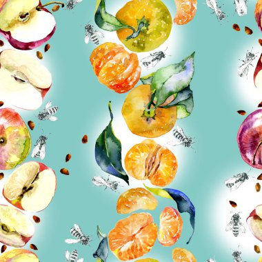 Bahçe, rustik, lezzetli elma. Olgun, Güney, portakal mandalina. Tatlım, vahşi arılar. suluboya. İllüstrasyon