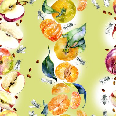 Bahçe, rustik, lezzetli elma. Olgun, Güney, portakal mandalina. Tatlım, vahşi arılar. suluboya. İllüstrasyon