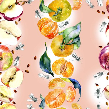 Bahçe, rustik, lezzetli elma. Olgun, Güney, portakal mandalina. Tatlım, vahşi arılar. suluboya. İllüstrasyon