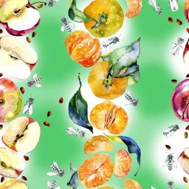 Bahçe, rustik, lezzetli elma. Olgun, Güney, portakal mandalina. Tatlım, vahşi arılar. suluboya. İllüstrasyon