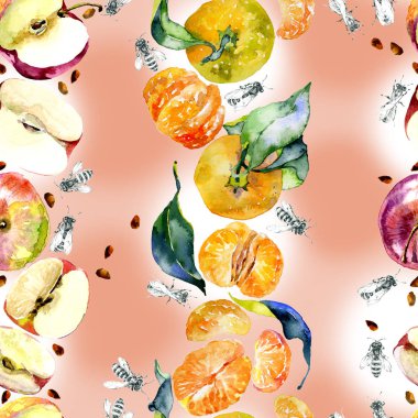 Bahçe, rustik, lezzetli elma. Olgun, Güney, portakal mandalina. Tatlım, vahşi arılar. suluboya. İllüstrasyon