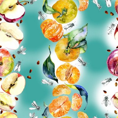 Bahçe, rustik, lezzetli elma. Olgun, Güney, portakal mandalina. Tatlım, vahşi arılar. suluboya. İllüstrasyon