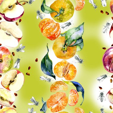 Bahçe, rustik, lezzetli elma. Olgun, Güney, portakal mandalina. Tatlım, vahşi arılar. suluboya. İllüstrasyon