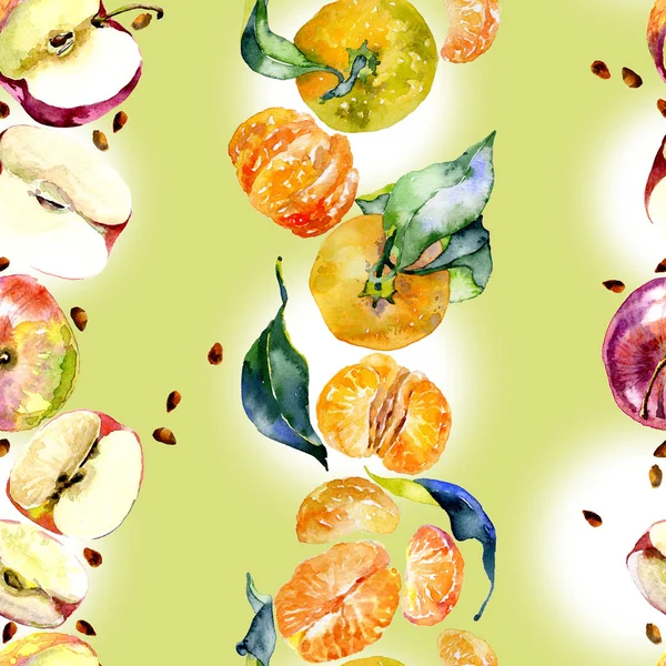 Jardin, rustique, pommes délicieuses. Mandarines mûres, méridionales, orange. Chérie, abeilles sauvages. aquarelle. Illustration — Photo