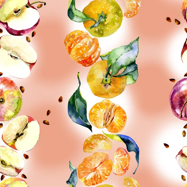 Jardin, rustique, pommes délicieuses. Mandarines mûres, méridionales, orange. Chérie, abeilles sauvages. aquarelle. Illustration — Photo