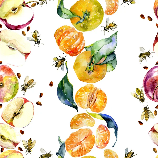 Zahradní, rustikální, lahodná jablka. Zralé, Jižní, oranžové mandarinky. Zlato, divoké včely. akvarelem. Ilustrace — Stock fotografie