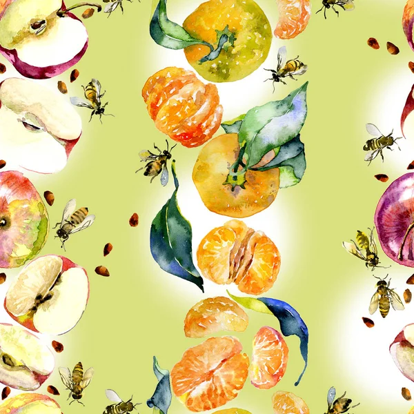 Tuin, rustieke, heerlijke appels. Rijp, Zuid, oranje mandarijnen. Honing, wilde bijen. Aquarel. Illustratie — Stockfoto