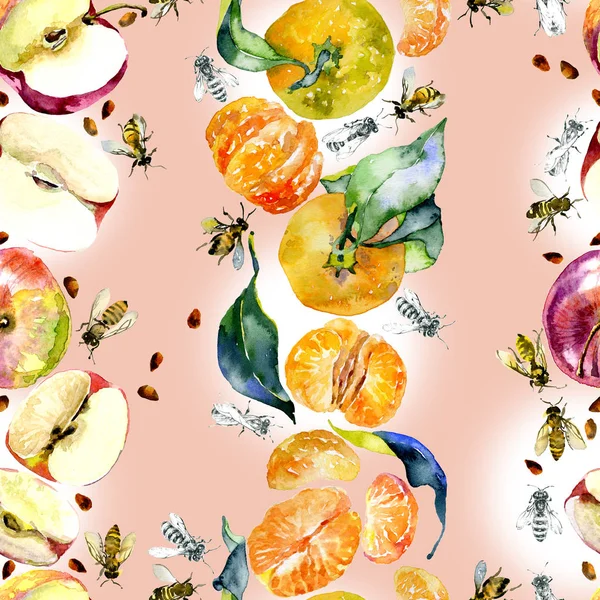 Сад, деревенские, вкусные яблоки. Спелые, южные, оранжевые мандарины. Милая, дикие пчёлы. акварель. Иллюстрация — стоковое фото
