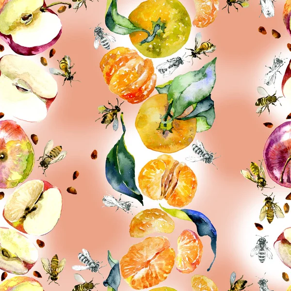 Сад, деревенские, вкусные яблоки. Спелые, южные, оранжевые мандарины. Милая, дикие пчёлы. акварель. Иллюстрация — стоковое фото