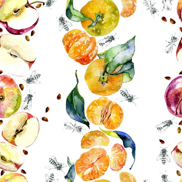 Zahradní, rustikální, lahodná jablka. Zralé, Jižní, oranžové mandarinky. Zlato, divoké včely. akvarelem. Ilustrace — Stock fotografie