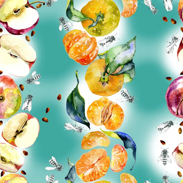 Bahçe, rustik, lezzetli elma. Olgun, Güney, portakal mandalina. Tatlım, vahşi arılar. suluboya. İllüstrasyon