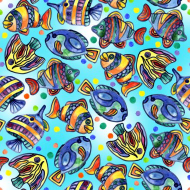 Akvaryum, ırmaklar, göller, neşeli, gökkuşağı, renkli balık suda. Suluboya. İllüstrasyon