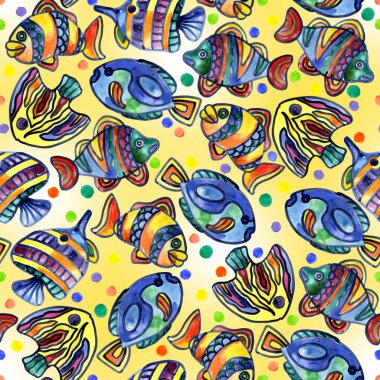 Akvaryum, ırmaklar, göller, neşeli, gökkuşağı, renkli balık suda. Suluboya. İllüstrasyon