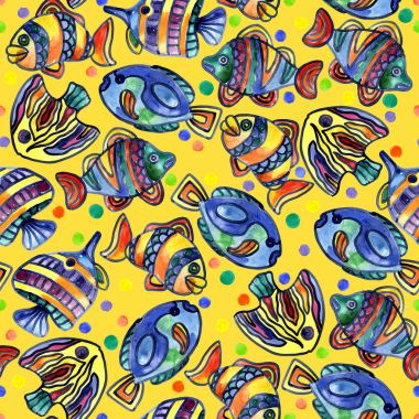 Akvaryum, ırmaklar, göller, neşeli, gökkuşağı, renkli balık suda. Suluboya. İllüstrasyon