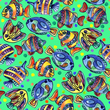 Akvaryum, ırmaklar, göller, neşeli, gökkuşağı, renkli balık suda. Suluboya. İllüstrasyon