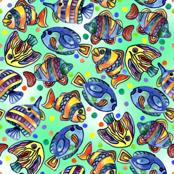 Akvarium, flod, sjö, merry, regnbåge, färgglada fiskar i vattnet. Akvarell. Illustration — Stockfoto