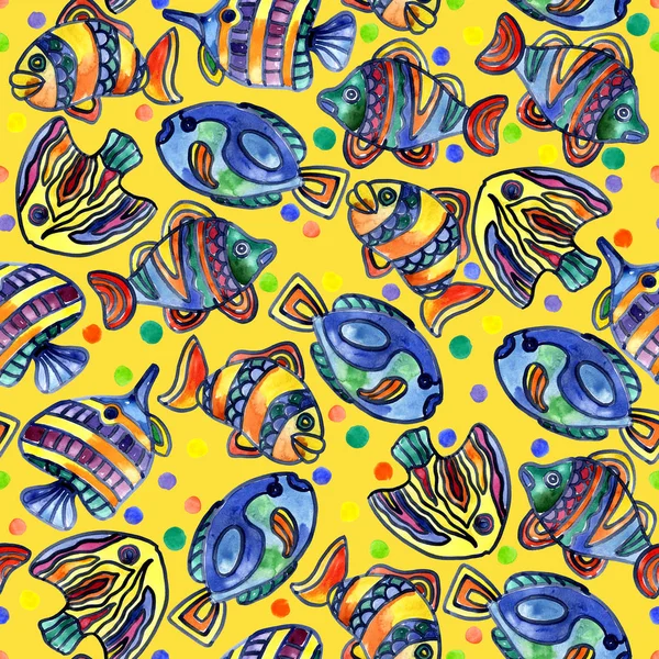 Akvaryum, ırmaklar, göller, neşeli, gökkuşağı, renkli balık suda. Suluboya. İllüstrasyon