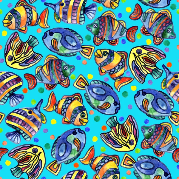 Akvaryum, ırmaklar, göller, neşeli, gökkuşağı, renkli balık suda. Suluboya. İllüstrasyon