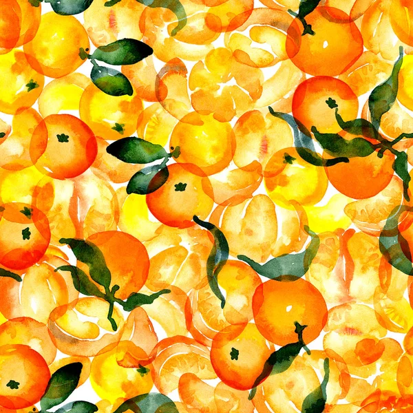 Jižní, lahodné, šťavnaté, zralé, voňavé, užitečné, voňavé, citrus, oranžové mandarinky s listy. Akvarelem. Ilustrace — Stock fotografie