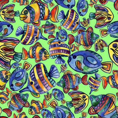 Akvaryum, ırmaklar, göller, neşeli, gökkuşağı, renkli balık suda. Suluboya. İllüstrasyon