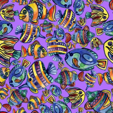 Akvaryum, ırmaklar, göller, neşeli, gökkuşağı, renkli balık suda. Suluboya. İllüstrasyon