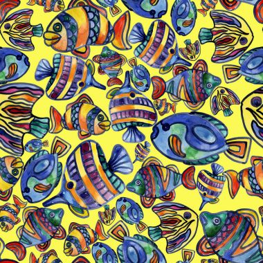 Akvaryum, ırmaklar, göller, neşeli, gökkuşağı, renkli balık suda. Suluboya. İllüstrasyon