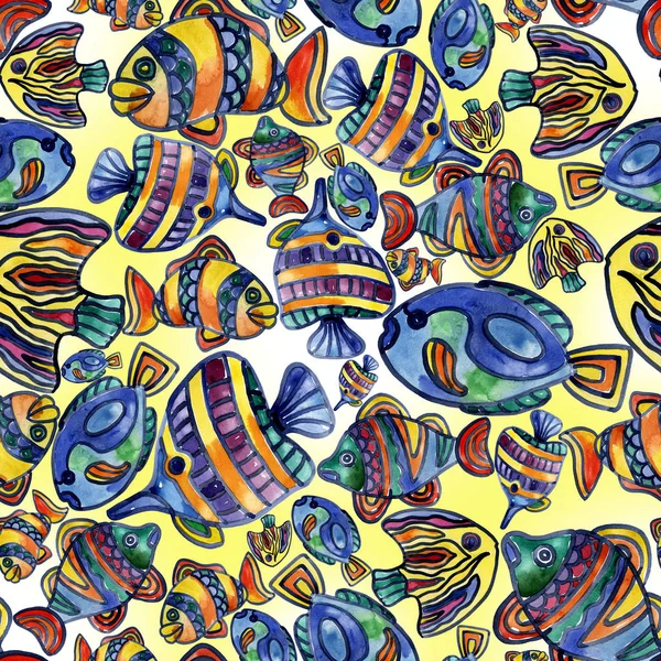 Ενυδρείο, ποτάμι, λίμνη, εύθυμη, ουράνιο τόξο, πολύχρωμα ψάρια στο νερό. Ακουαρέλα. Εικονογράφηση — Φωτογραφία Αρχείου