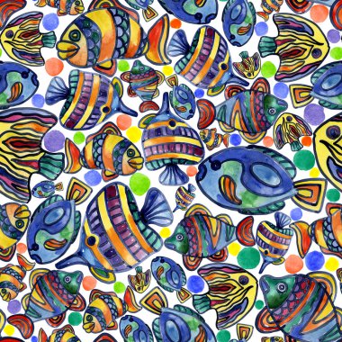 Akvaryum, ırmaklar, göller, neşeli, gökkuşağı, renkli balık suda. Suluboya. İllüstrasyon