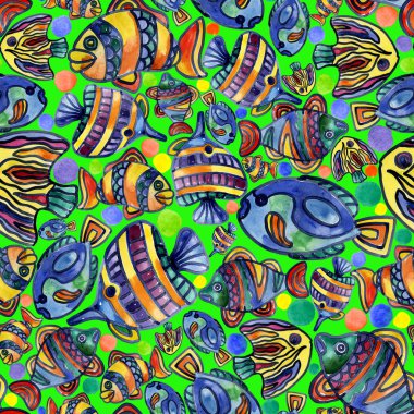 Akvaryum, ırmaklar, göller, neşeli, gökkuşağı, renkli balık suda. Suluboya. İllüstrasyon