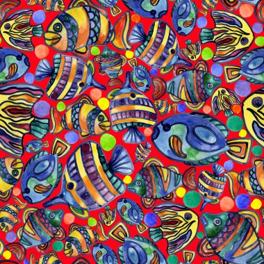 Akvaryum, ırmaklar, göller, neşeli, gökkuşağı, renkli balık suda. Suluboya. İllüstrasyon