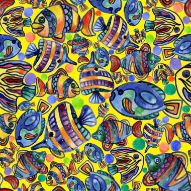 Akvaryum, ırmaklar, göller, neşeli, gökkuşağı, renkli balık suda. Suluboya. İllüstrasyon