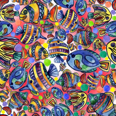 Akvaryum, ırmaklar, göller, neşeli, gökkuşağı, renkli balık suda. Suluboya. İllüstrasyon