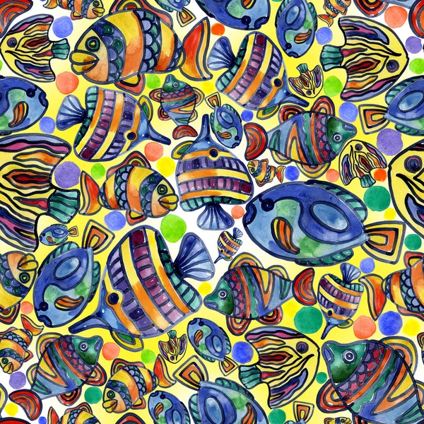 Akvarium, flod, sjö, merry, regnbåge, färgglada fiskar i vattnet. Akvarell. Illustration — Stockfoto