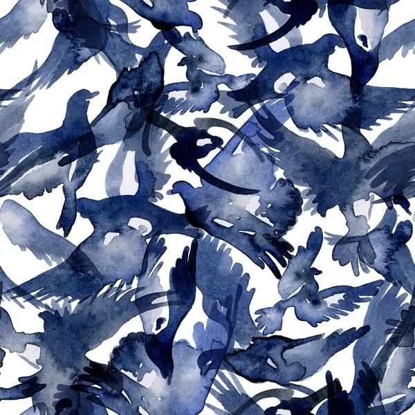 Pigeon flock of flying in the sky with branches of laurel. Illustration. Watercolor