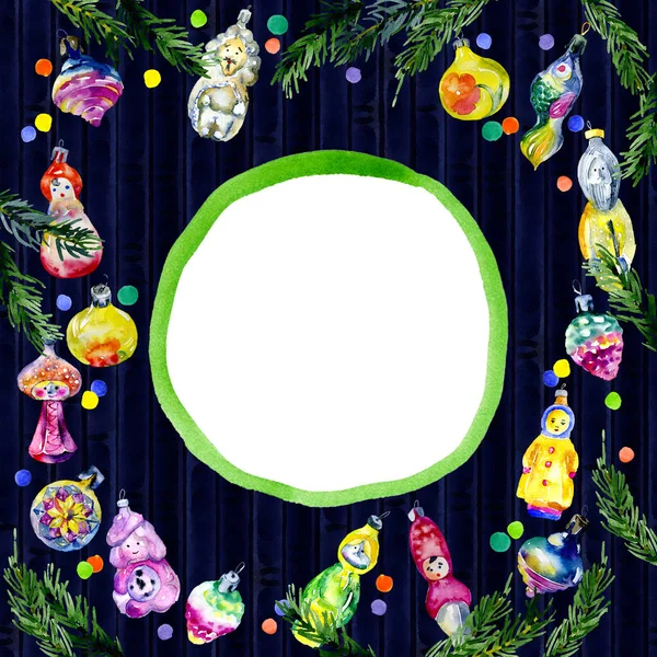 Neujahr, Weihnachten, Weihnachtskarte mit Tannenbaumspielzeug und Figuren. Aquarell. Illustration — Stockfoto