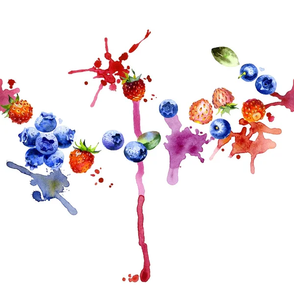 Skog, välsmakande, blå blåbär. Röda, mogna, väldoftande jordgubbe. Norra, färska, söta bär. Smutsig, färgglada, vattnig ränder. Akvarell. Illustration — Stockfoto