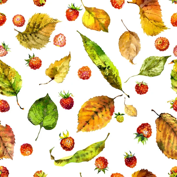 Schmackhafte, rote, reife, aromatische Erdbeere. frisch, Garten, Feld, Sommer-Erdbeeren. Herbst, abgefallene, gelbe, morsche Blätter. Aquarell. Illustration — Stockfoto