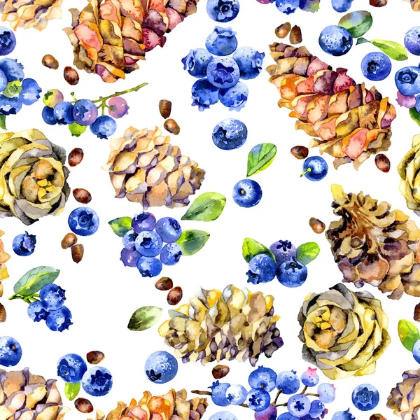 Schmackhafte, reife, schwarze, nützliche Blaubeeren. eine duftende, frische Waldbeere. Fichten, Kiefern, Zedern, Nadelhölzer, Zapfen, Äste. nahtlose Textur. Aquarell. Illustration — Stockfoto