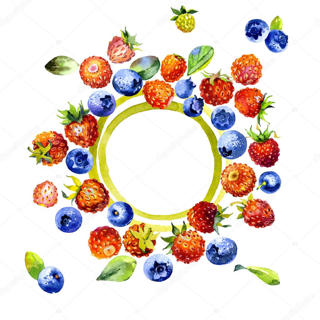 Tasty, juicy, useful, forest, meadow, field, bright berries. Red strawberries. Blueberry blue. Orange cloudberry. Watercolor. Illustration