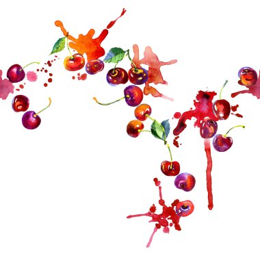 İştah açıcı, lezzetli, sulu, kırmızı kiraz. Orman, Bahçe, Sonbahar, mevsim berry. Bir zengin, sulu, yaz hasat. Komposto, meyve suyu, reçel damlaları. Suluboya. İllüstrasyon