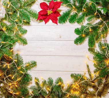 Ahşap arka plan ve metin veya ürün için boş bir alan ile köknar