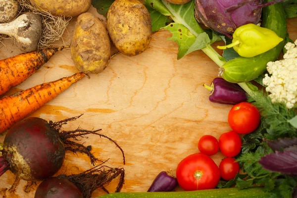Harvest of fresh vegetables on a wooden background, in garden background. Top view. Garlic, beet, zucchini, kohlrabi, cauliflower, pepper, tomatoes, potatoes, basil, cucumber, dill. — Stock Image Harvest Fresh Vegetables Wooden Background Garden Background Top View Garlic Royalty Free Stock Images